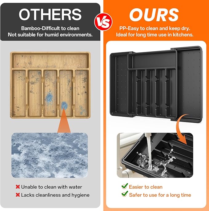 RoomHacks Large Silverware Organizer,Expandable Utensil Drawer Organizer,BPA Free Utensil Holder,Adjustable Silverware Tray Cutlery Drawer Organizer for Kitchen Flatware,Large,Black,2 Pack