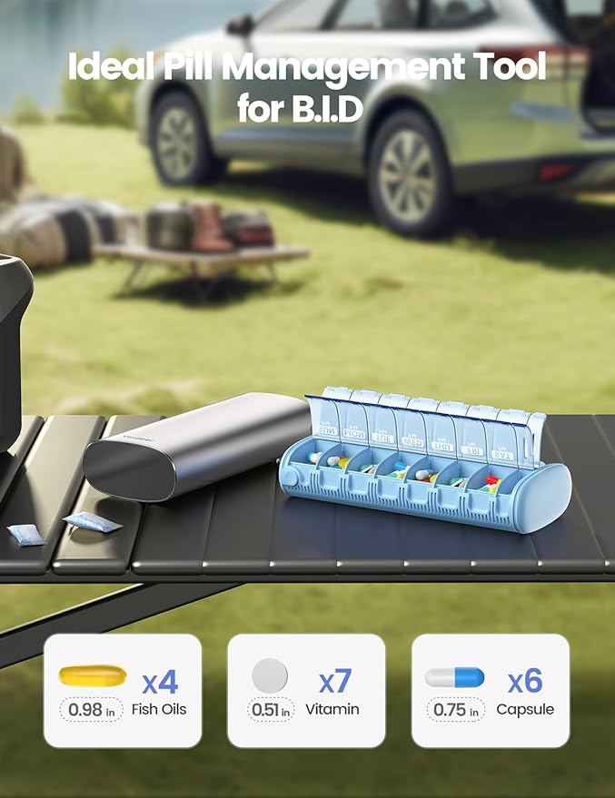 Vaydeer Metal 7 Day Pill Organizer 2 Times a Day – AM PM Weekly Travel Pill Case with Moisture-Proof Desiccant, Airtight Large Capacity Pill Box for Vitamins, Medications & Supplements (Silver)