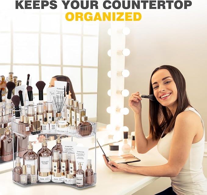 2-Tier Corner Bathroom Counter Organizer with Top Toothbrush Holders, Large Makeup Organizer Countertop with Brush Holder, Skincare Organizers Corner, Exquisite Vanity Organizer (Clear, 2 Tier)