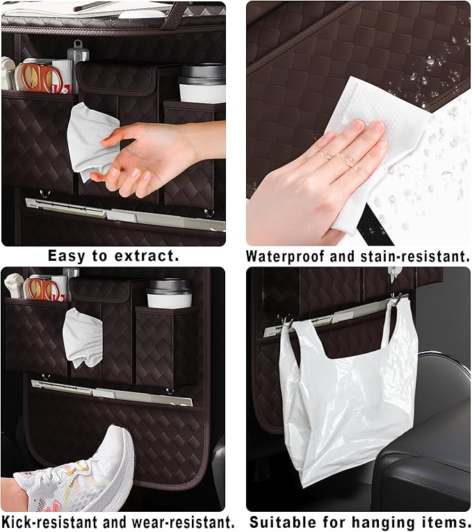 GMQ Back Seat Car Organizer 1 Pack, Backseat Organizer with Tray, Multifunctional Car Seat Back Storage Box with Foldable Tablet Holder (Coffee, Weave)