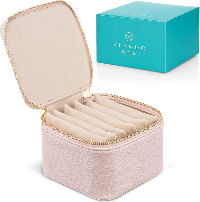 Vlando Travel Jewelry Case, Jewelry Organizer with 6 Zipper Velvet Jewelry Bags for Women and Girls, Wedding Birthday Gift Ideas for Women, Earrings Rings Storage Gift Box Packaging, Pink