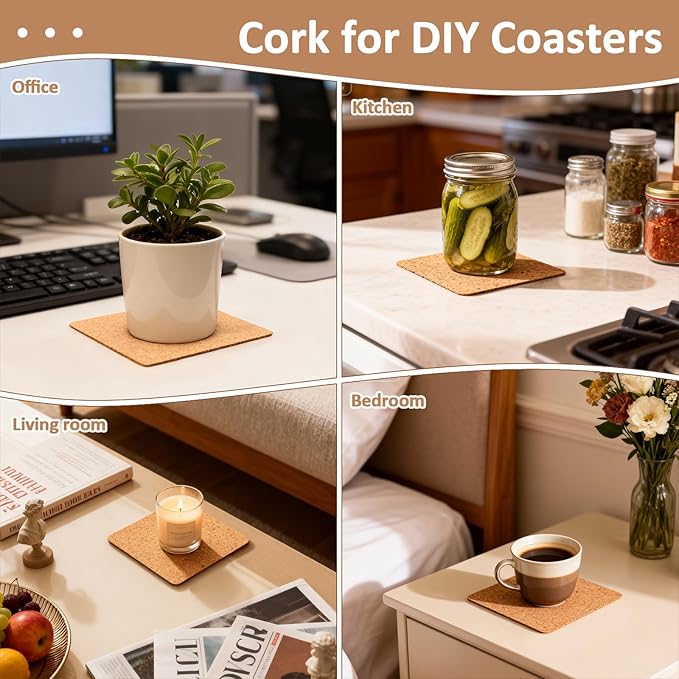 100 PCS Self-Adhesive Cork Sheets 4 x 4 Inch Squares Cork Coasters Square Corks Board Backing for DIY Crafts, Drinks and Home Tabletop Decoration