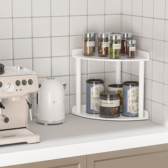 2 Tier Countertop Corner Organizer Shelf 7x7x8 Inch, White Acrylic Bathroom Vanity Storage Organizer Corner Shelf for Skincare, Cosmetics, Perfume