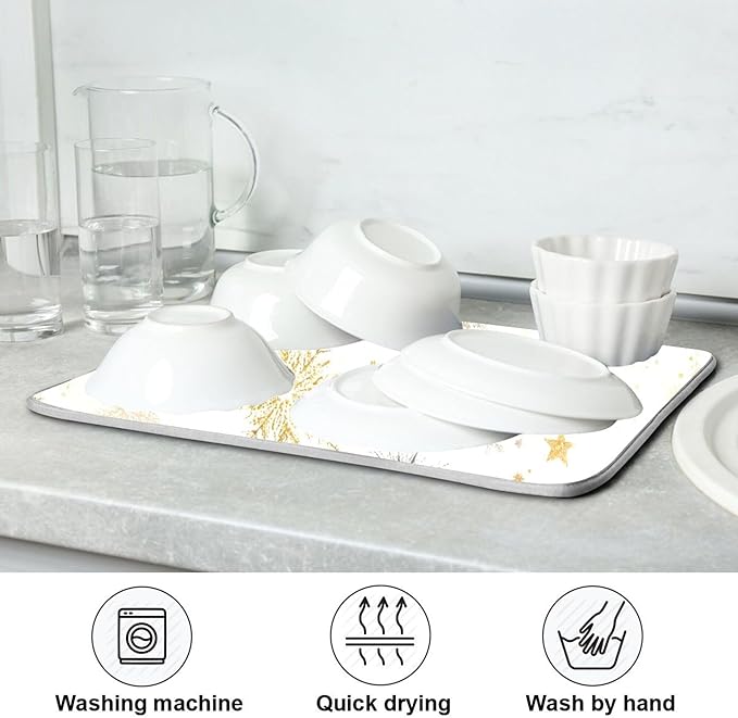 Winter Snowflake White Dish Drying Mat for Kitchen Countertop 16x18 Christmas Snow Golden Xmas Small Drying Mat Reusable Quick Dry Dish Sink Mats Easy Clean Decorative Essentials
