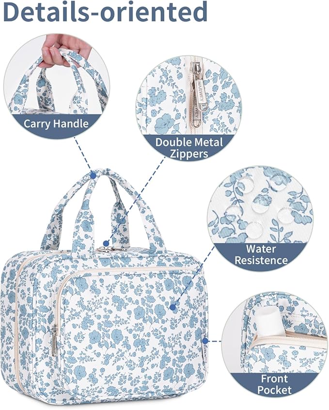 Narwey Travel Toiletry Bag for Women Large Hanging Makeup Bag Organizer Toiletries Bag for Full Size Essentials Accessories Cosmetics (Little Blue Flower (Large))