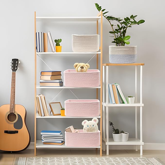 COMFY-HOMI 13" x 8.5" x 5.1" Storage Baskets for Organizing | Cotton Rope Woven Basket | Toy Storage Bin Box | Basket for Shelves, Closet Organizer Bin, Decorative Closet Shelf, 1 Pack, All pink
