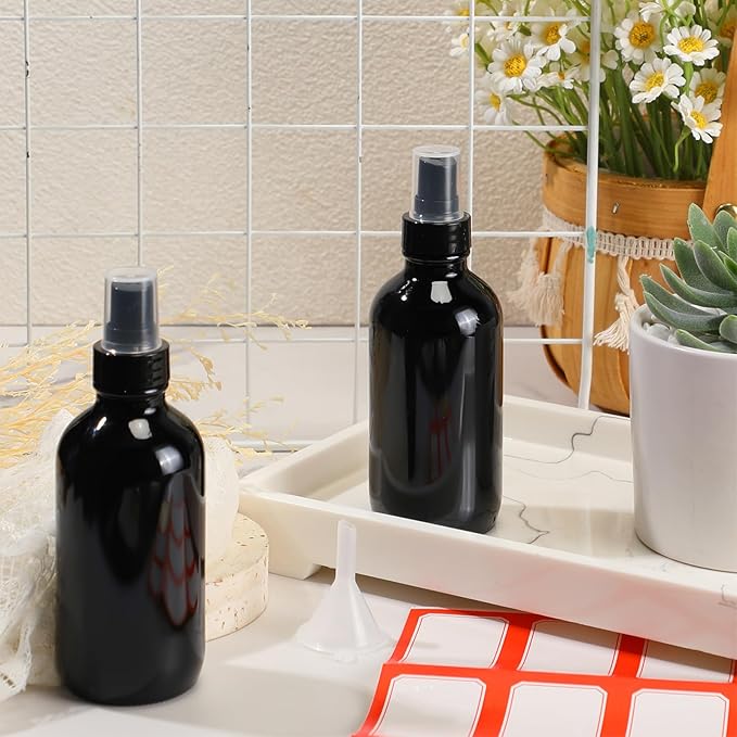 Fumete 2 Pack Glass Bottles 4oz Empty Refillable Liquid Containers with 1 Label 1 Funnel for Essential Oils Hair Travel Plants Cleaning Skin Care(Black, Black Top,Mist Bottle)