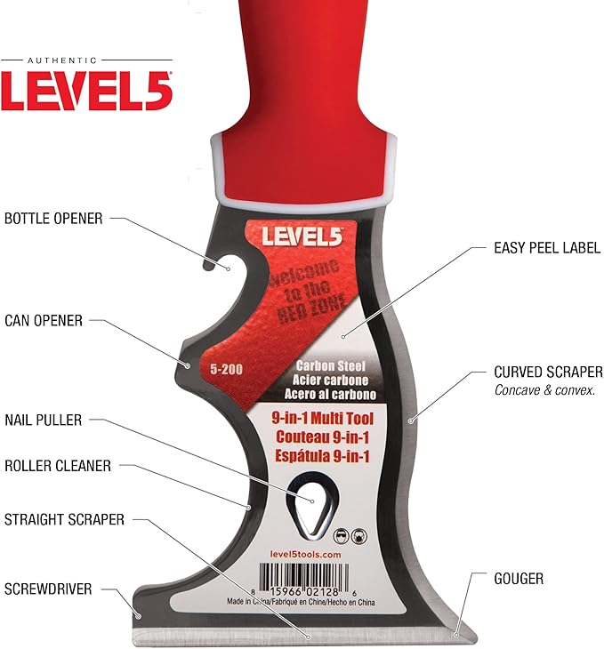 9-In-1 Painter’s Tool - LEVEL5 | Multi-Use Knife, Hardened Carbon Steel | Metal Hammer End | Pro-Grade Finishing Tools | 5-200