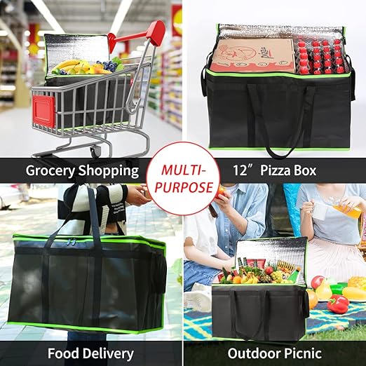 1-Pack Insulated Food Delivery Bag, XXX-Large Commercial Food Warmer for Delivery Drivers, Insulated Reusable Grocery Cooler/Hot Bags, Tote Bag for Shopping/Travel, Black with Green Edge