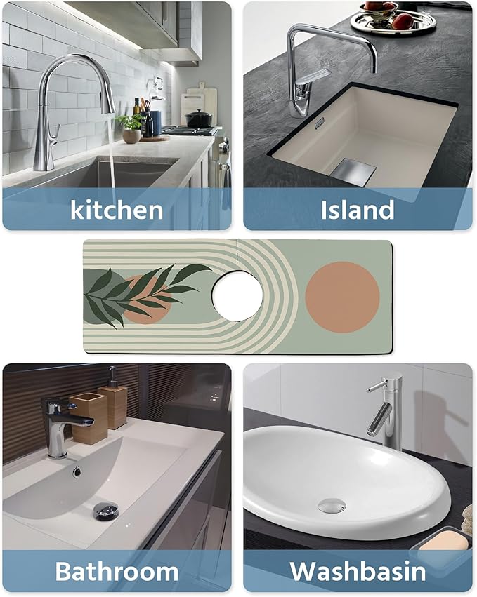 Patterned Sink Faucet Mat Kitchen Splash Guard Super Absorbent Drying Mat, Non-Slip Drain Pad for Kitchen Counter or Bathroom-15x5.5in