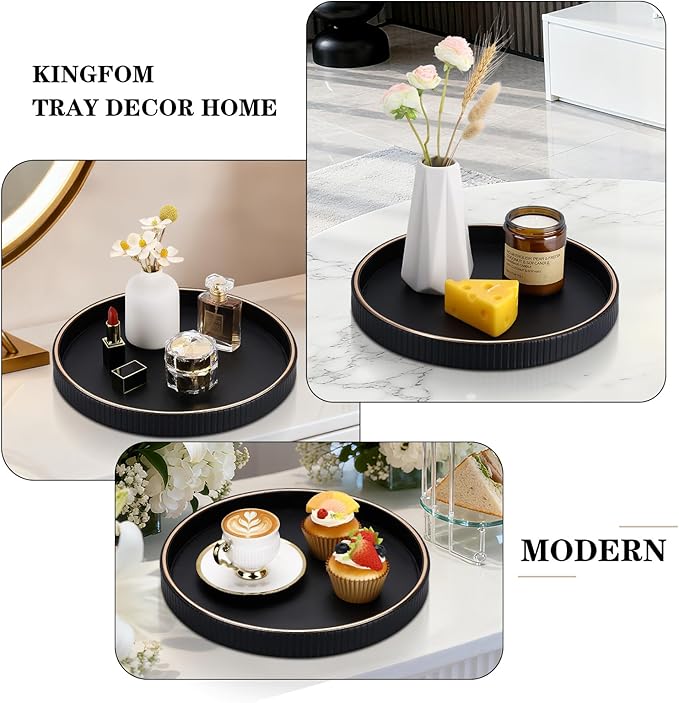 KINGFOM Round Tray for Coffee Table, PU Leather Valet Nightstand Desk Organizer for Men Women, Golden Trim Tray for Home Decor Living Room Dining Table, Perfume Trays Nightstand Organizer Black