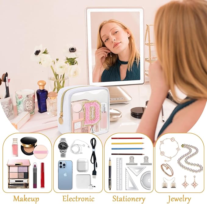 Personalized Initial Letter Clear Preppy Makeup Bag,Mini Nylon Chenille Letter Cosmetic Bag Cute Zipper Pouch Purse for Teen Girls,Portable TSA Approved Beach Travel Essentials Bag Gift for Women,D