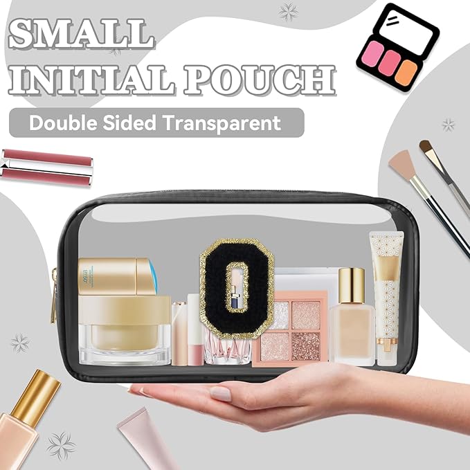 Small Clear Personalized Initial Makeup Bag, Preppy Nylon A-Z Chenille Letter Patch Makeup Organizer TSA Approved Travel Toiletry Bag,Waterproof Zip Beach Cosmetic Pouch Purse for Women(Black-Black O)