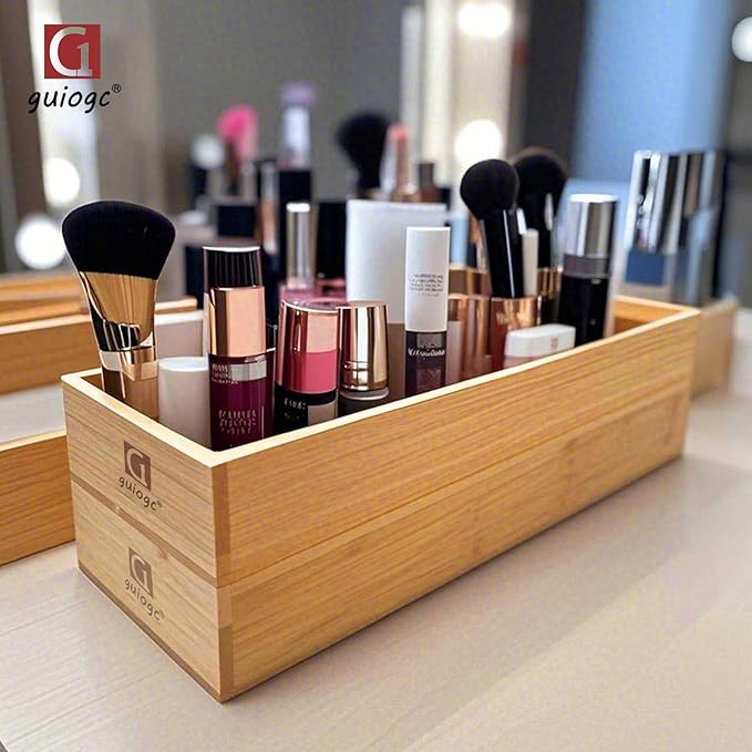 Set of 2 Bamboo Drawer Organizer, Stackable Utensil Organizer for Kitchen, Bamboo Storage Box Wood Silverware Tray for Drawer