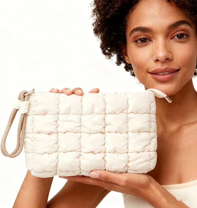 Puffy Quilted Makeup Bag Cosmetic Bag Equipped with a Detachable Handle Cute Zipper Pouch for Storage Clutch for Women(khaki)