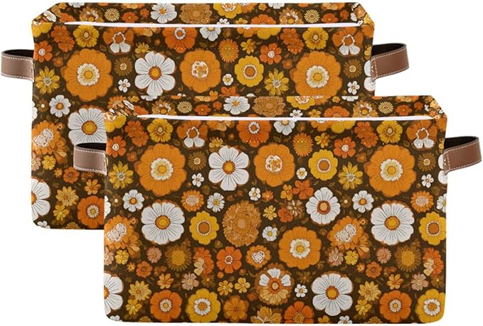 Aslsiy Storage Basket Orange 60s 70s Style Nursery Bins Retro Floral Baby Box Canvas Clothes Shelf Basket Laundry Hamper Gift Baskets for Home Closet 1 Pcs