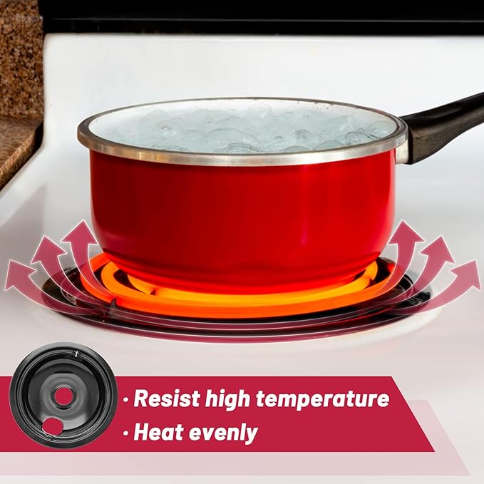 GE Black Stove Drip Pans, 10% Energy Save by Enamel Spraying Prevent Bending and Rust - Include 3Pcs 6'' Burner Drip Pans and 1Pcs 8'' Drip Bowl