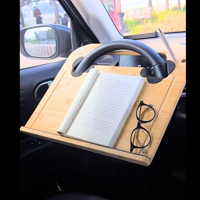 2 in 1 Steering Wheel Tray – Car Tray & Food Table – Car Essentials Double Sided Bamboo Car Desk for Laptop, Eating & Reading – Fits up to 17" Laptop