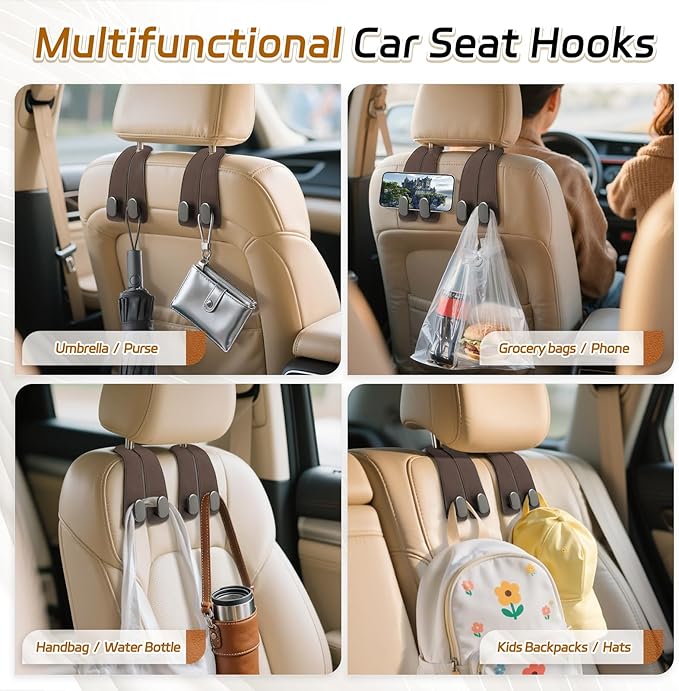 Fitnice Car Seat Headrest Hooks - 4 Pack Universal Car Purse Hook, Leather Car Bag Purse Holder with Double Metal Hooks for Handbags, Grocery Bags, Bottles, Phones, Brown