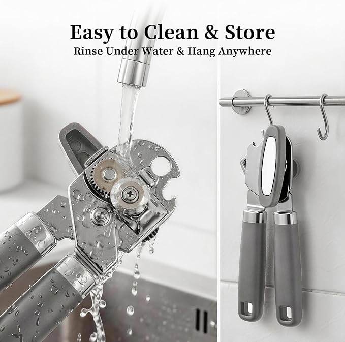 Can Opener Manual, Hand Heavy Duty Stainless Steel Bottle Opener Comfortable Handle, Sharp Blade Smooth Edge, Multifunctional Kitchen Tool, Gray