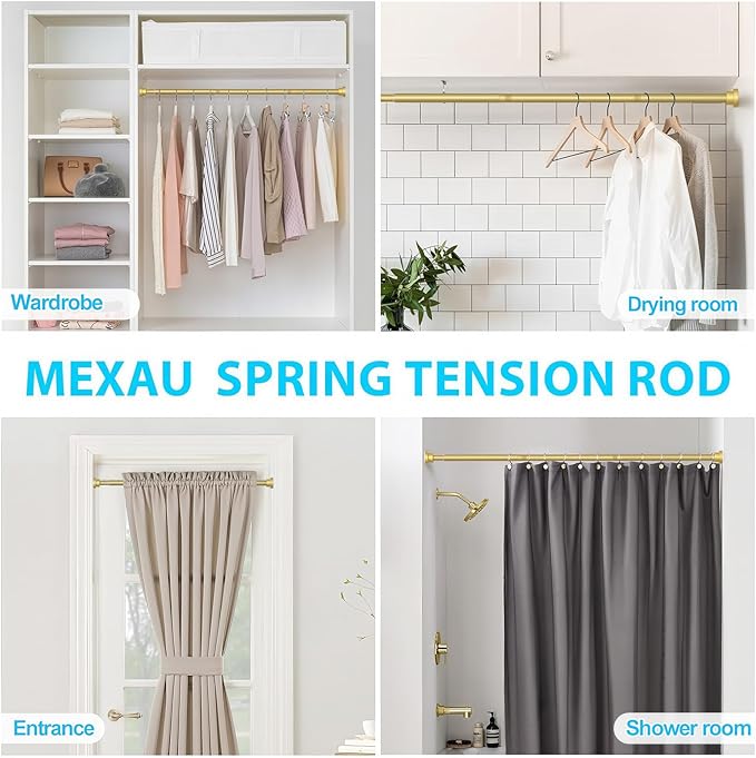 1 Pack Gold Spring Tension Curtain Rod 30-64 Inches, 7/8" inch Adjustable Curtain Rod No Drill, Anti-slip Spring Curtain Rod for Windows Bathroom Kitchen Closet Doorway