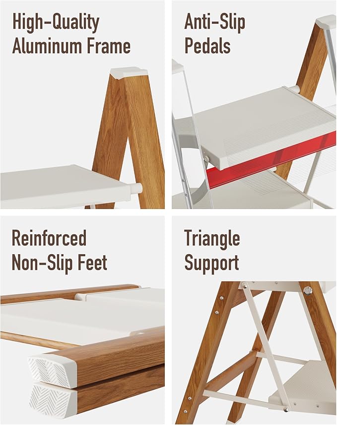 2-Step Aluminum Ladder,Lightweight Folding Step Stool with Extra-Wide Anti-Slip Steps,330 lbs Capacity,Compact Space-Saving Design for Home,Kitchen and Office(White&Woodgrain)