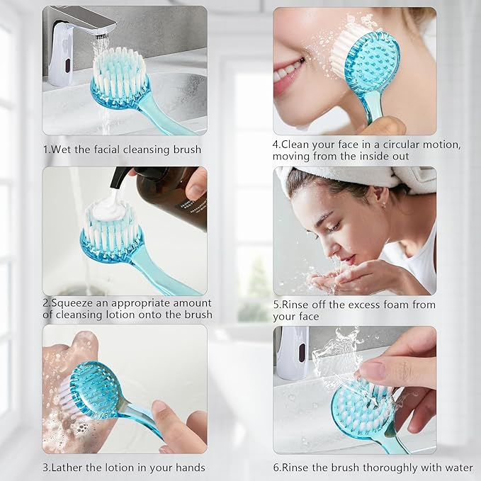 3 Pcs Facial Cleansing Brush, Manual Face Brushes for Cleansing and Exfoliating, Face Scrubber to Massage, Deep Pore Exfoliation, Makeup Remove and Skin Care with Soft Bristles, Clear Blue