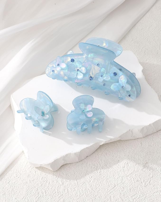 3PCS Acrylic Flower Hair Claw Clips - 2 Styles Durable Medium Small Claw Clips for Women, Strong Hold Cute Non Slip Stylish Accessories Decroation Buns for Thick Thin Hair (blue)