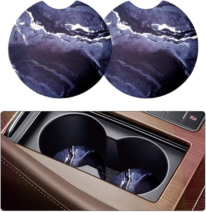 2 Pack Car Coasters for Drinks Absorbent - 2.75 Inch Cute Car Cup Holder Coasters for Women, Removable Cup Holder Coaster for Your Car, Car Interior Accessories for Women & Girls (Blue Marble)