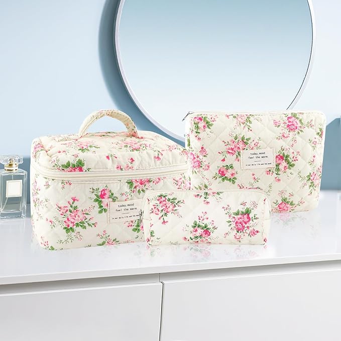 3Pcs Cotton Quilted Makeup Bag for Women Girls, Large Small Travel Pink Floral Cosmetic Bags Set, Cute Coquette Makeup Pouch for Purse Aesthetic Cloth Flower Storage Toiletry Bag Organizer