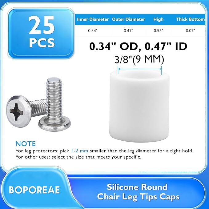BOPOREAE 25 Pcs 3/8"(9 mm) Round Chair Leg Tips Caps, Silicone Rubber Furniture Leg Floor Protectors, Reduce Noise Folding Metal Chair Leg Cap Replacement for Bar Stool Leg Patio Indoor, White
