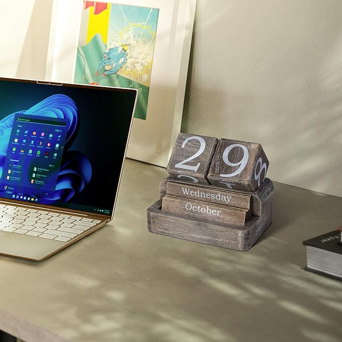 Wooden Block Calendar for Desk, Daily Desktop Perpetual Desk Calendar, Farmhouse Desk Accessories for Home Office Decor, Reusable Yearly, Vintage Grey