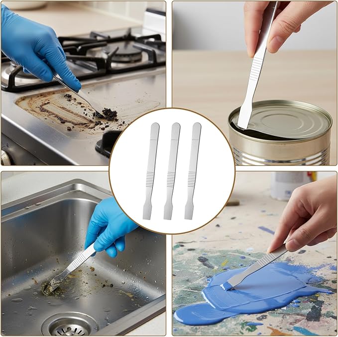 3Pcs Small Metal Scrapers Tool, Handy Non-Scratch Crevice Cleaning Tool Flathead Scraper Tools for Tight Spaces Multi-Purpose Label Scraper Perfect for Removing Oil Stains, Kitchen, Stains, Paint