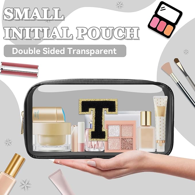 Small Clear Personalized Initial Makeup Bag, Preppy Nylon A-Z Chenille Letter Patch Makeup Organizer TSA Approved Travel Toiletry Bag,Waterproof Zip Beach Cosmetic Pouch Purse for Women(Black-Black T)