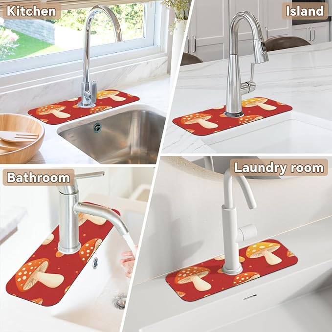 1 PC 15.4*5.7 Inch Absorbent Faucet Mat for Kitchen Sink Diatomaceous Earth Tailored Sink Splash Guard for Bathroom Kitchen Red Mushroom
