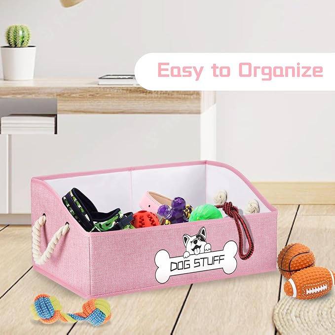 Collapsible Fabric Dog Toy Box and Storage Bin With Handle - Trapezoid Basket Chest Organizer for Pet Toys, Blankets and Accessories, Pink