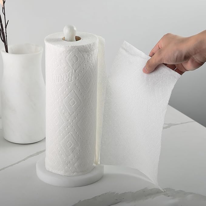 Koville Natural Marble Paper Towel Holder Countertop, 6" Genuine Stone Paper Towel Holder Stand for Kitchen Storage, for Standard Rolls (Namib Fantasy)