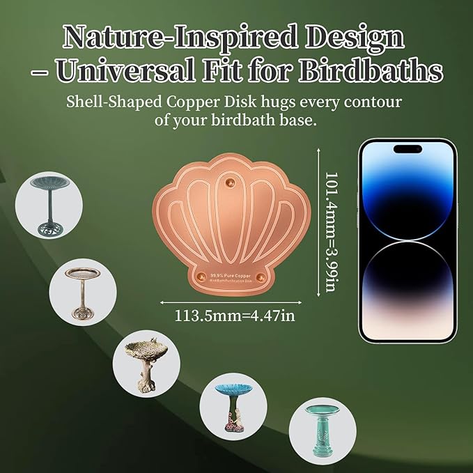 Bird Bath Copper Disk, 1pcs Shell Shaped 99.99% Pure Copper Cleaning Disc Plate for Physical Safe Water Purification All-Season for Outdoor Wildlife Bird Bowls Birdbaths Solar