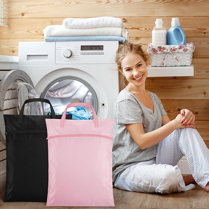 2 Pcs Travel Laundry Bags Waterproof with Handle Dirty Clothes Bag for Traveling Hanging Laundry Hamper with Two Zippered Pockets Washable Reusable for Sports Home Travel College Dorm (Pink, Black)