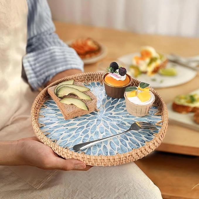 12" Large Rattan Serving Tray with Mother of Pearl, Decorative Coffee Table Trays for Home Decor, Large Wicker Woven Serving Tray Decor for Kitchen Counter, Living Room and Ottoman, Blue
