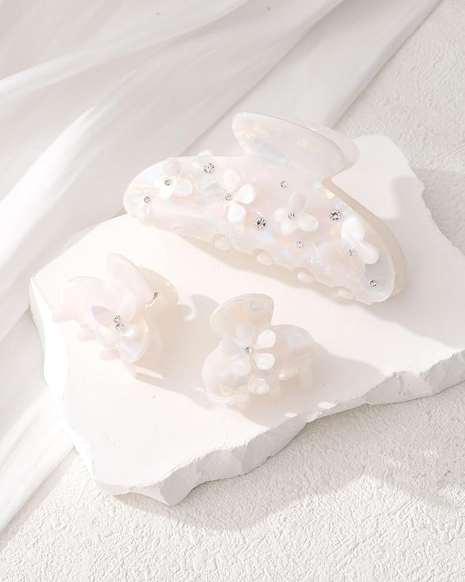 3PCS Acrylic Flower Hair Claw Clips - 2 Styles Durable Medium Small Claw Clips for Women, Strong Hold Cute Non Slip Stylish Accessories Decroation Buns for Thick Thin Hair (White)