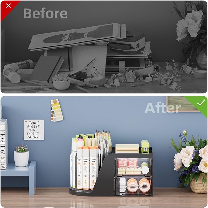 Marbrasse Desk Organizer with 2 Drawers, 360° Rotating Pen Holder, Desk Organizers and Accessories with 6 Slot Pencil Holder + 2 Drawers, Art Supply Storage Box Caddy for Office (Black)