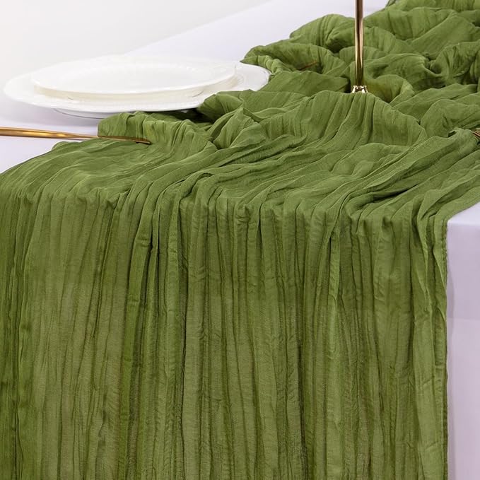 Socomi 10pcs Moss Green Summer Cheesecloth Table Runner Boho Rustic Gauze 120 inch 10FT Cheese Cloth Sheer Runner for Wedding Party Baby Shower Birthday Home Decor Holiday Decorations