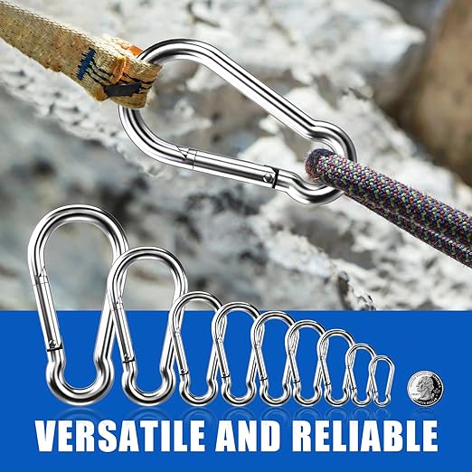 Large Carabiner Clip Hooks, 4pcs 7 inch Carabiners Heavy Duty, 304 Stainless Steel Spring Snap Hook Fits Camping Hanging Hiking Weight Lifting, Metal Clips for Rope or Chain