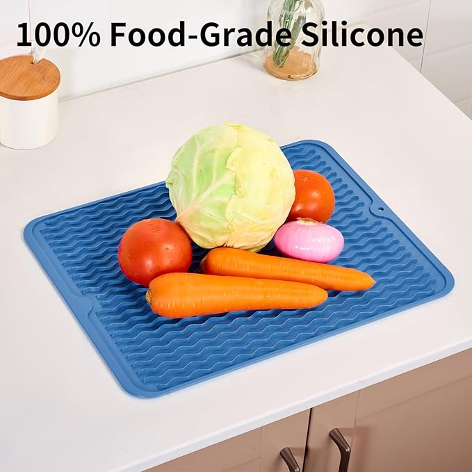 ZLR Silicone Dish Drying Mat for Kitchen Counter, Eco-Friendly Fast Dry Dish Mat, Easy Clean Multi Usage Drying Matt, Heat Resistant Trivet, 12" x 16" Large, Lichen Blue