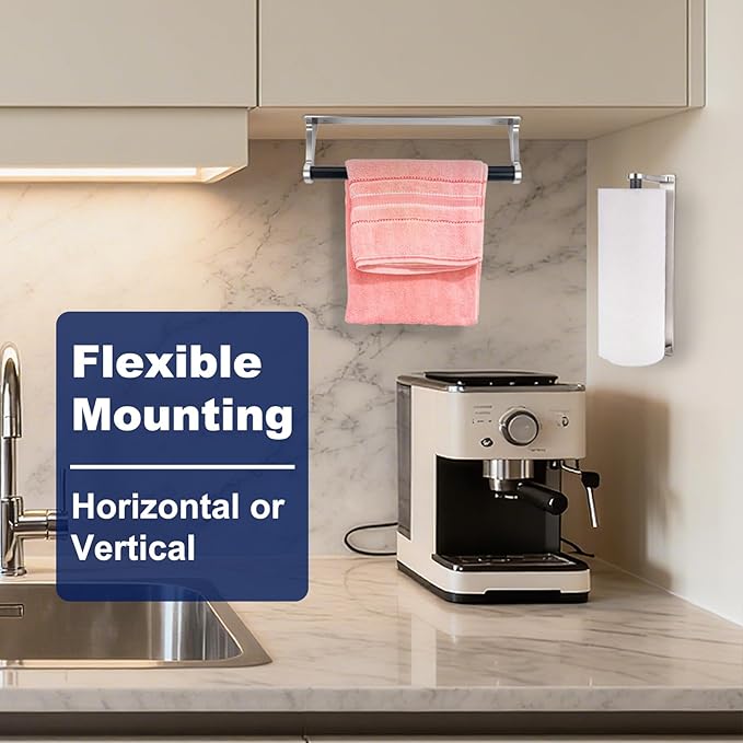 Paper Towel Holder Wall Mount Adhesive Paper Towel Holder Under Cabinet Toilet Roll Hanging Holders Rack for Kitchen Bathroom Garage Counter, Anti-Drop Upgraded Telescopic Rod Design Roll, Silver