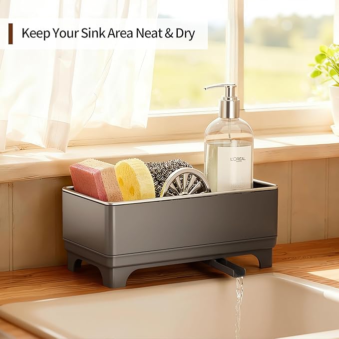 MOUKABAL Sponge Holder for Kitchen Sink – Rustproof Stainless Steel, 360° Rotating Drain Pipe, Large Counter Organizer with Drip Tray for Sponges, Brushes & Dish Cloths Grey