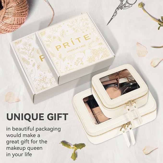 Prite Clear Makeup Bag Set for Women, Portable Clear Makeup Bag Cute Waterproof Travel Cosmetic Bag with Gold Zipper for Car Essentials (Beige)