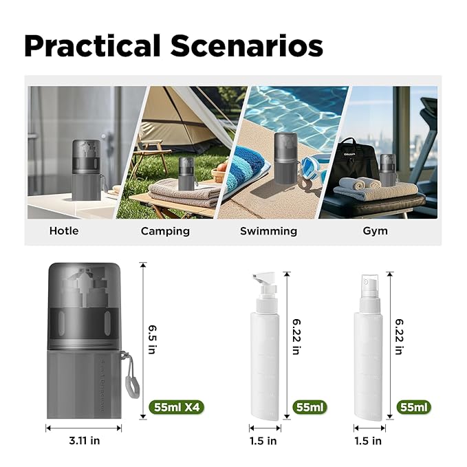 YOTIME 4in1 Travel Bottles Set, Vacuum Silicone Suction Cup for Smooth Walls, TSA Approved Leak Proof Travel Size Containers for Toiletries, Shampoo, Body Wash and Conditioner, Gray