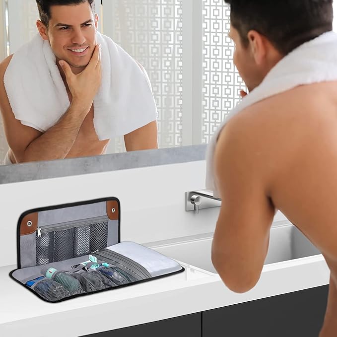 Toiletry Bag for Men, Travel Essentials Travel Toiletry Bag, Water-Resistant Compact Bathroom Roll Organizer for Hygiene, Shaving kit, Gifts for men (2.Khaki Yellow (Waxed Canvas))